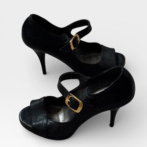 Klub Nico pebbled Black leather open‎ toe heels Women's Shoes Gold Buckle Sz 8